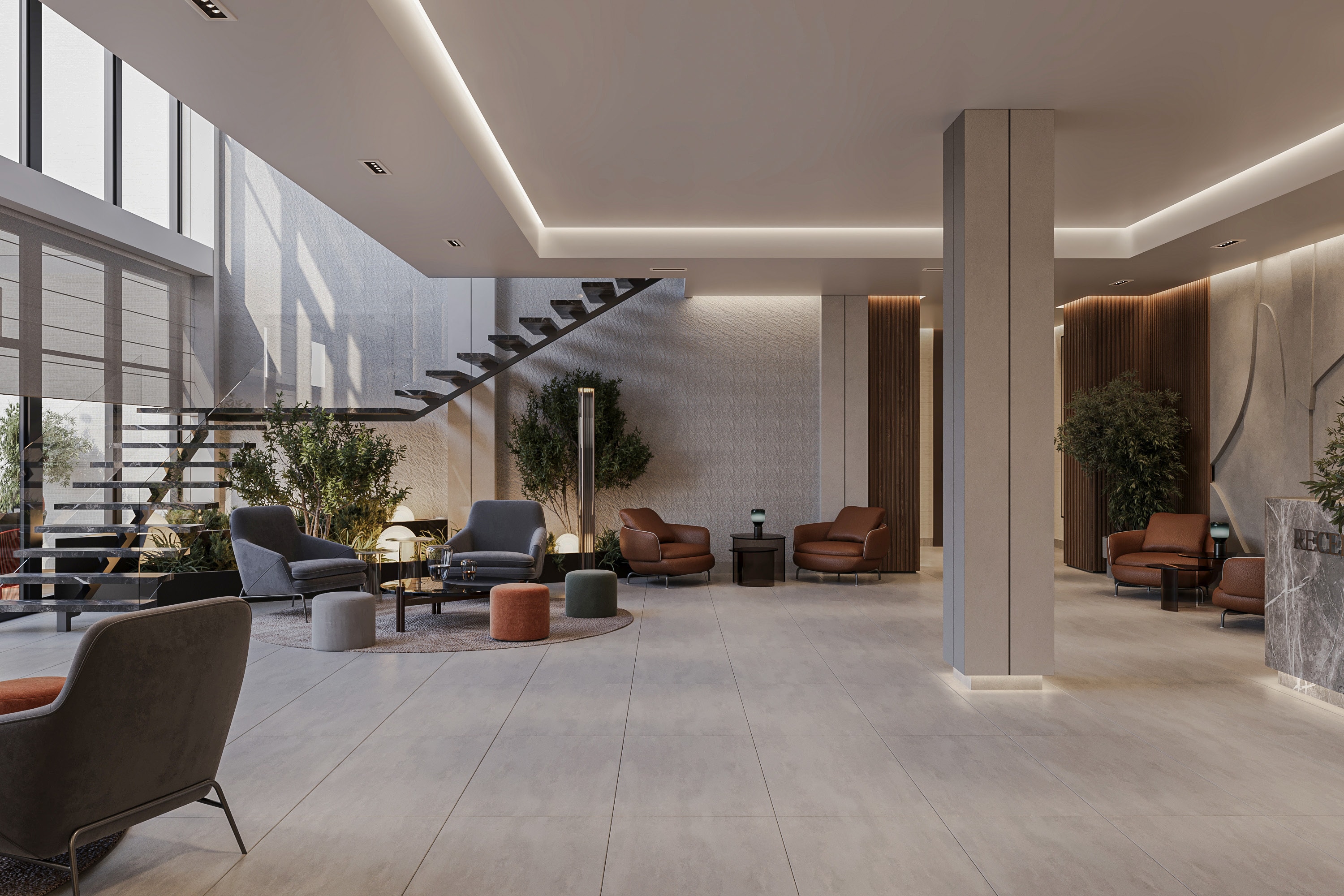 Визуализация лобби курорта Лучи: лестница, зоны отдыха и стойка reception